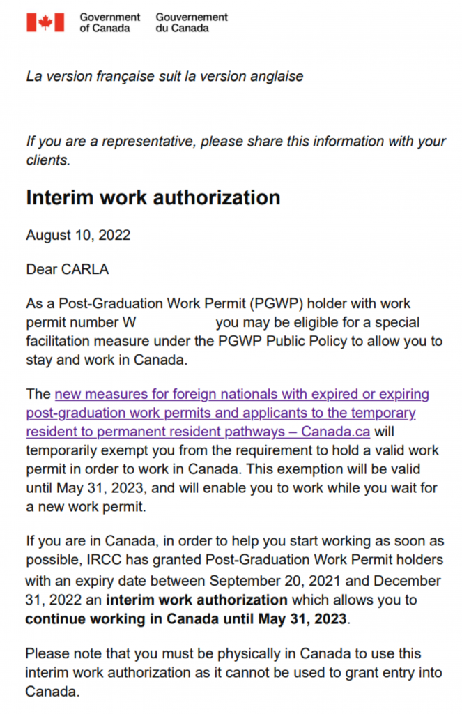 Interim work authorization letter by IRCC